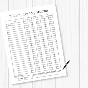 May include: A printable T-shirt inventory tracker with columns for color, size, and quantity. The tracker includes sizes from small to 4XL. The text "Bad Blue T-Shirts small 21" is written in the notes section.