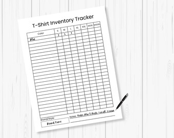 May include: A printable T-shirt inventory tracker with columns for color, size, and quantity. The tracker includes sizes from small to 4XL. The text "Bad Blue T-Shirts small 21" is written in the notes section.