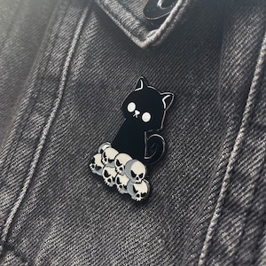 Black Cat Enamel Pin With Skulls | Cute Cat pin, Halloween Cat Pin | Perfect Accessory