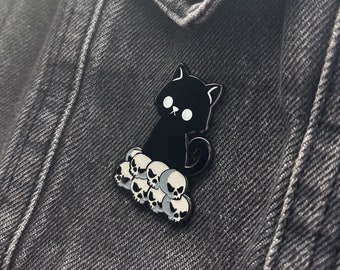 Black Cat Enamel Pin With Skulls | Cute Cat pin, Halloween Cat Pin | Perfect Accessory
