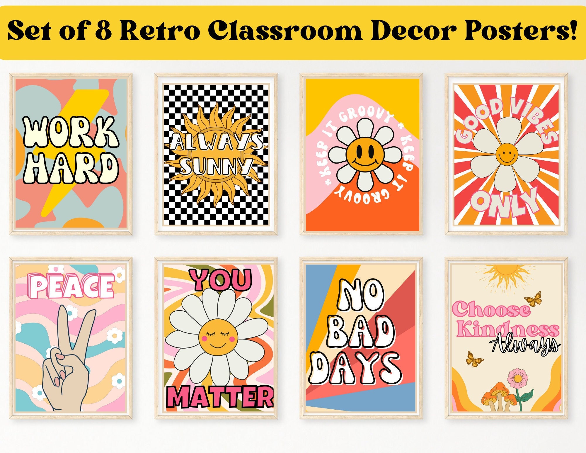Groovy Retro Classroom Poster Set of 8 Printable Digital Etsy