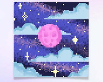 Pixel Art Moon Print, Digital Download Printable Wall Art, Night Sky Pink Moon with Stars and Clouds Decor