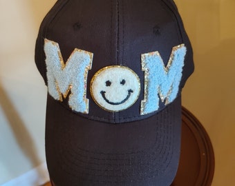 MOM hat. SALE Smiley face, chenille letters on baseball cap, Bougieandgems