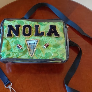 Nola revised football clear Game purse,black and gold, saints, chenille letters,2 sided,stadium regulation size,Bougieandgems