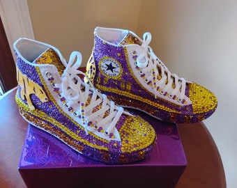 Louisiana Purple and Gold, Converse tennis, Rhinestone beaded tennis shoes,college football Tiger dazzle design, bougieandgems