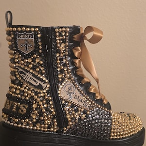 Black & gold pearl Hi Top Sneaker, New Orleans theme. Black rhinestones and Fleur de Lis patches.