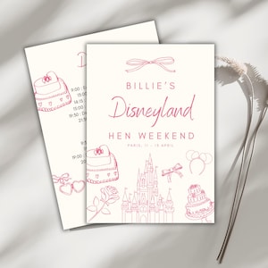Könnte beinhalten: Ein rosa-weißer druckbarer Reiseplan für ein Disneyland-Junggesellinnenwochenende. Der Reiseplan enthält eine Liste von Aktivitäten und Zeiten sowie eine niedliche Illustration des Disneyland-Schlosses und anderer Disney-typischer Symbole.