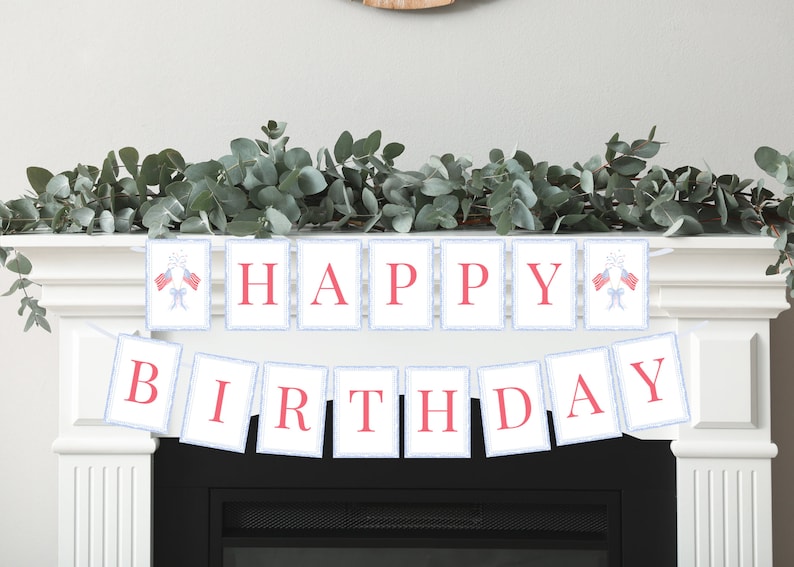 May include: A white banner with blue trim and red letters that reads "HAPPY BIRTHDAY". The banner is decorated with small red, white, and blue American flags and fireworks.