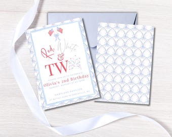 May include: Red, white, and two birthday party invitation with a blue and white patterned background. The invitation features a red, white, and blue color scheme with a fireworks design. The text on the invitation reads "Red, White & Two" and "Please join us to celebrate Olivia's 2nd Birthday".