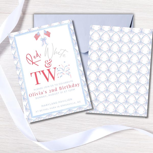 Red White and Two Birthday Invitation, Patriotic 4th of July Second Birthday Party Invite Digital Download