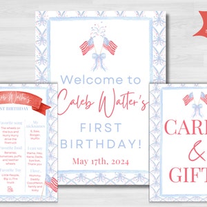 May include: Three printable signs for a first birthday party. The signs are decorated with a blue and white pattern and red, white, and blue American flags. The first sign says "Welcome to Caleb Walter's First Birthday! May 17th, 2024". The second sign says "Caleb Walter's First Birthday" and has a list of facts about the birthday boy. The third sign says "Cards & Gifts".