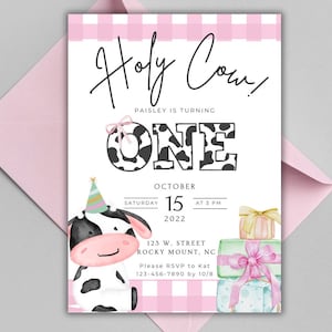 Holy Cow I'm One Birthday Invitation, Editable Cow Girls Pink First Birthday Invite Digital Download