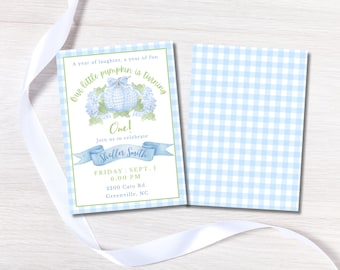 Boy's Pumpkin First Birthday Invitation: Blue Gingham Digital Download