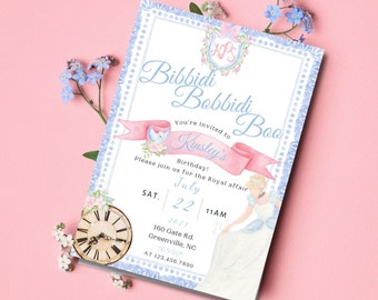 Bibbidi Bobbidi Boo, Princess Fairytale Birthday Invitation Watercolor Monogram Invite Customizable Digital Download
