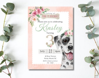 Dalmatian Dog Birthday Party Invitation, Girls Pink Puppy Party Invite Pawty Animals Digital Download