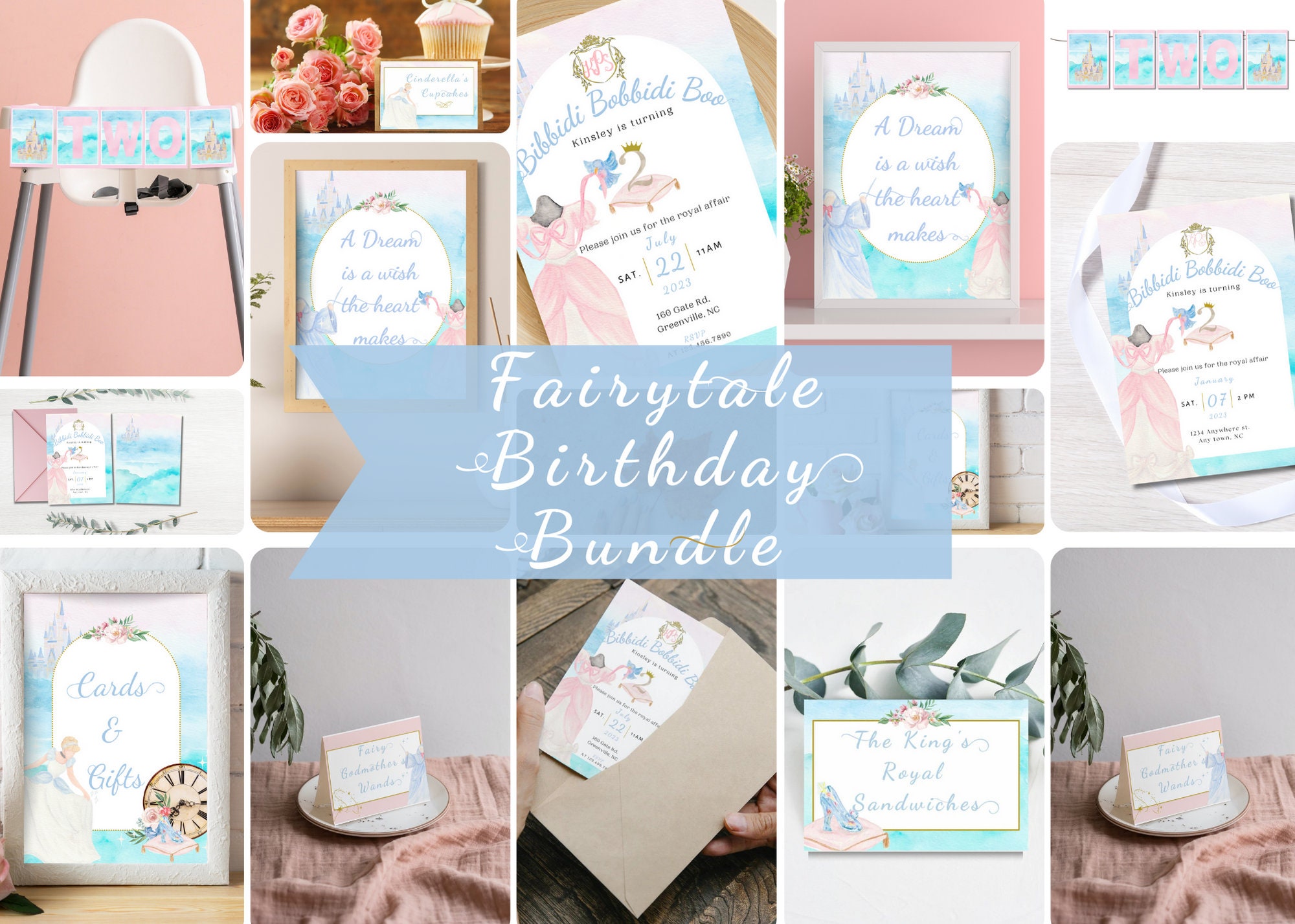 Princess Bibbidi Bobbidi Two Fairytale Birthday Invitation Princess Watercolor Monogram Invite Customizable Digital Download