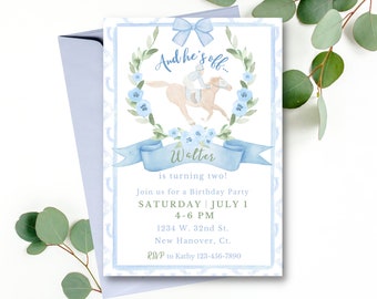 Off Two The Races Boy Horse Themed Kentucky Derby Birthday Party Invitation Watercolor Derby Boys Second Birthday Digital Download