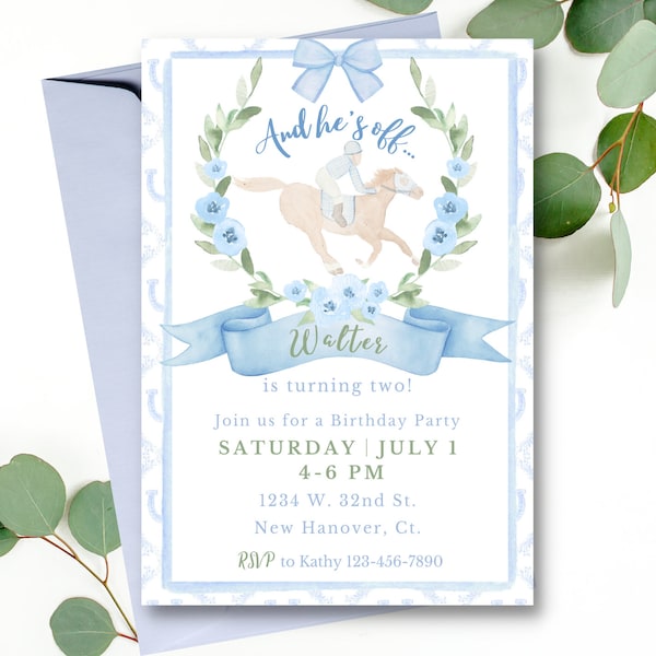 Off Two The Races Boy Horse Themed Kentucky Derby Birthday Party Invitation Watercolor Derby Boys Second Birthday Digital Download