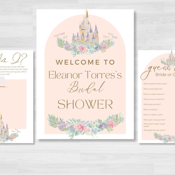 Fairytale Bridal Shower Welcome Sign and Games, Happily Ever After Princess Themed Wedding Shower Digital Download