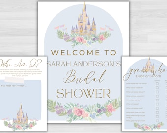 May include: A set of three printable bridal shower game cards featuring a watercolor illustration of Cinderella's castle with floral accents. The cards include "Who Am I?", "Welcome to Sarah Anderson's Bridal Shower", and "Guess Who: Bride or Groom".