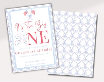 Patriotic 1st Birthday Invitation: Red, White, and Blue The Big One (Digital Download)