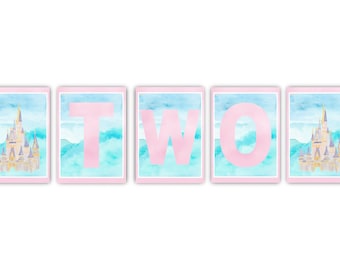 Princess Bibbidi Bobbidi Two Birthday Banner, Princess Watercolor Instant Digital Download