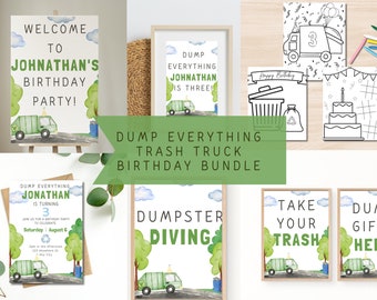 Enseigne de fête d&#39;anniversaire de camion poubelle, Dump Everything Trash Bash Party Bundle, téléchargement numérique de camion à ordures pour enfants