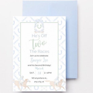 Off Two The Races Horse Themed Kentucky Derby Birthday Party Invitation Watercolor Derby Boys Second Birthday Digital Download