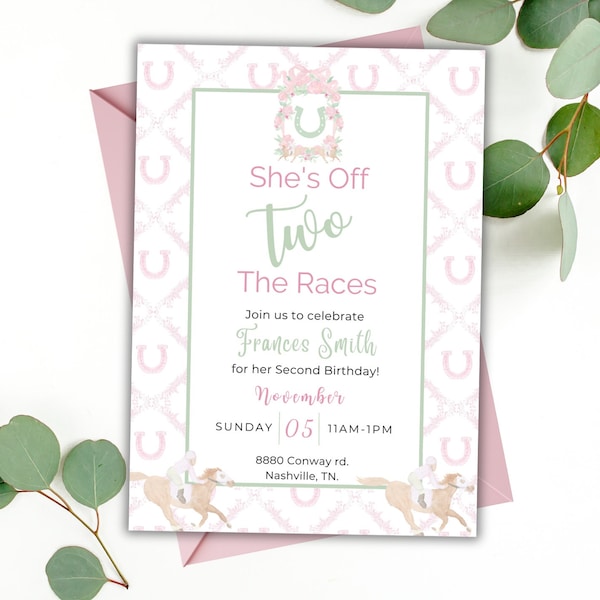 Off Two The Races Girls Kentucky Derby Themed Birthday Party Invitation, Watercolor Derby Girl's Second Birthday Digital Download