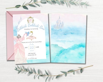 Princess Bibbidi Bobbidi Two Fairytale Birthday Invitation Princess Watercolor Monogram Invite Customizable Digital Download