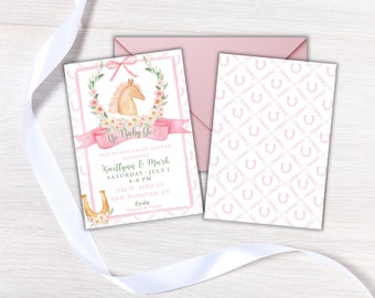 May include: Pink and green baby shower invitation with a horse head illustration and a pink ribbon with the text "Go Baby Go!"  Join us for a baby shower honoring Kaitlynn & Mark Saturday July 1 4-6 PM 1224 W. 32nd St. New Hanover, CT.