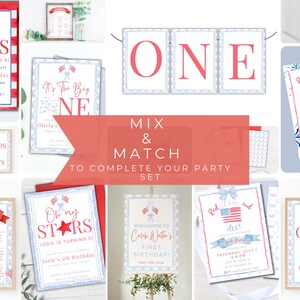 May include: A set of printable party decorations for a first birthday party with a red, white, and blue patriotic theme. The decorations include invitations, cards, and a banner that says "ONE".