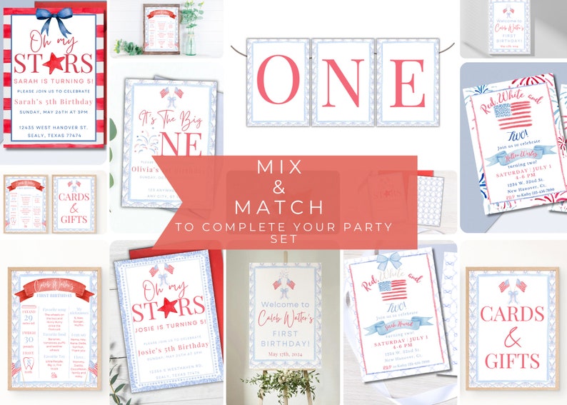 May include: A set of printable party decorations for a first birthday party with a red, white, and blue patriotic theme. The decorations include invitations, cards, and a banner that says "ONE".