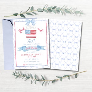 Red White and Two Birthday Invitation, Patriotic 4th of July Second Birthday Party Invite Digital Download