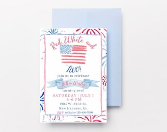 May include: Red, white, and blue birthday invitation with a watercolor illustration of fireworks and an American flag. The invitation says "Red, White and Two!" and "Join us to celebrate Hollow Wesley turning two! Saturday July 1, 4-6 PM, 1234 W. 32nd St., New Hanover, Ct. RSVP to Kathy 123-456-7890"
