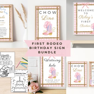 Cowgirl&#39;s First Rodeo Birthday Sign Bundle, Wild West Rustic 1st Birthday Digital Download