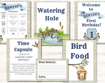 Cartelli per il primo compleanno a tema anatra selvatica: decorazioni per feste per bambini (download digitale)