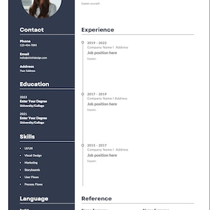 May include: A resume for Juliet Anderson, a Marketing Manager. The resume includes contact information, work experience, education, skills, language proficiency, and references.
