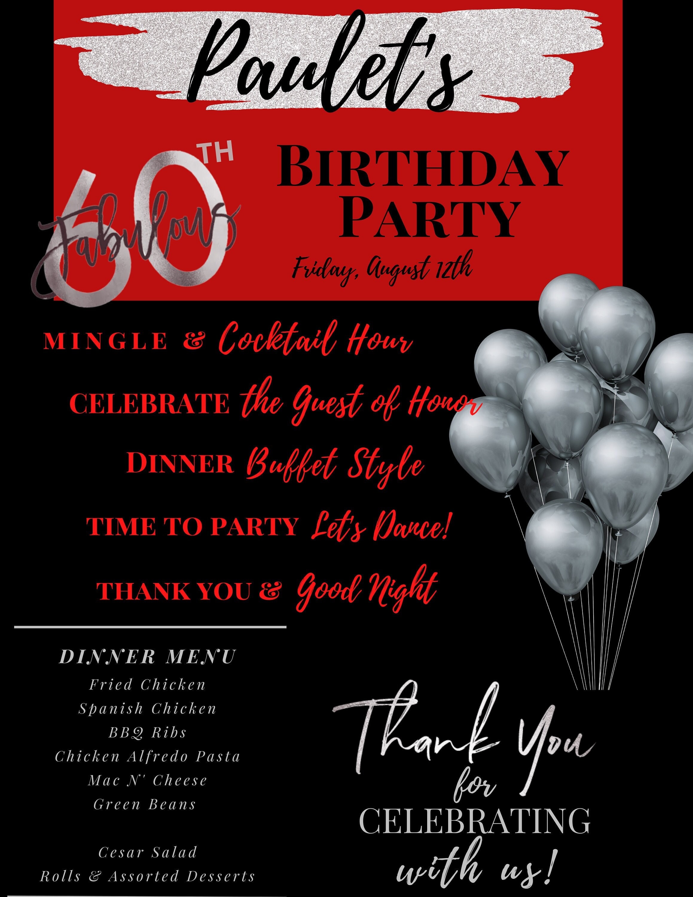 60th Birthday SILVER Event Program Custom | Digital Download (we
