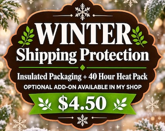 Pode incluir: Uma placa decorativa castanho-escura com borda recortada e texto branco que diz WINTER Shipping Protection, Insulated Packaging + 40 Hour Heat Pack, OPTIONAL ADD-ON AVAILABLE IN MY SHOP, e o preço $4.50 numa faixa verde.