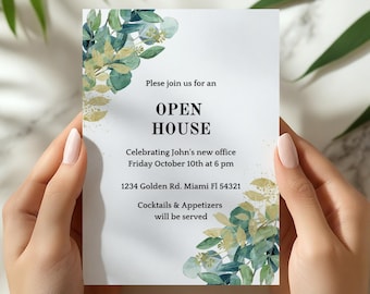 Greenery Open House Invitation Template: Business Event Evite (Digital Download, 5x7 Inches, Canva Edit)