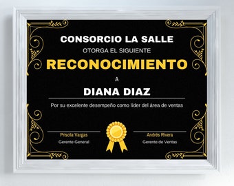 Certificado Reconocimiento Plantilla Editable Canva, Spanish Certificate of Recognition Template, Certificado Empresarial Para Empleados