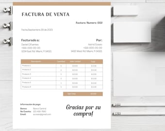 Peut inclure: Une facture de vente de couleur beige et marron avec le titre "Factura de Venta" et le texte "Gracias por su compra!" La facture comprend un tableau avec des descriptions de produits, des quantités, des prix unitaires et des totaux. La facture comprend également les coordonnées du vendeur et de l'acheteur.