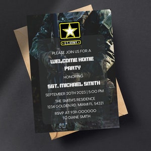 Invitación de bienvenida a casa del ejército de los EE. UU., invitación electrónica del partido militar, fiesta de retiro del ejército de los EE. UU., invitación a la celebración del partido militar