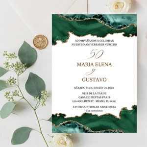 Spanish 50th Anniversary Party Invitation, Spanish Emerald Electronic Invitation, Invitacion Fiesta Aniversario de Bodas Esmeralda y Dorada