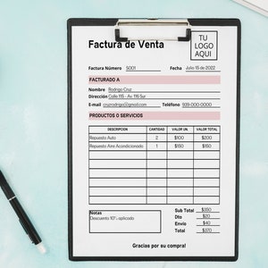 Modelo de fatura em espanhol, Factura de Venta Editável Español, Plantilla Factura de Venta, Formulário de cobrança editável em espanhol Canva de fatura em espanhol