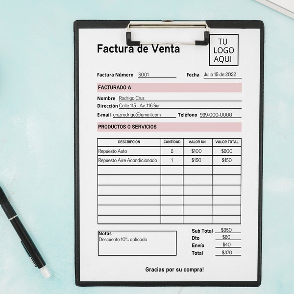 Spanish Invoice Template, Factura de Venta Editable Español, Plantilla Factura de Venta, Spanish Editable Billing Form Spanish Invoice Canva