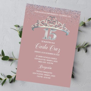 15th Birthday Spanish Invitation, Invitación Rosa Corona Cumpleaños Quinceañera, Celebración 15 Años Plantilla Editable, Spanish Template