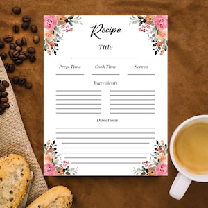 Floral Recipe Template, Cooking List Sheet, Recipe Card Template, Blank Recipe Page, Recipe Digital Download, Floral Home Cook Planner