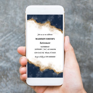 Retirement Elegant Digital Invitation, Blue and Gold Retirement Invitation Template, Celebrating Retirement Party, Canva Editable Template